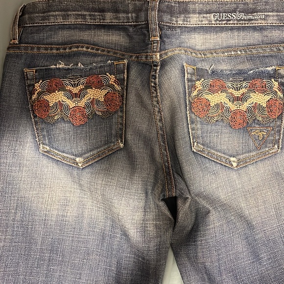 Guess Premium Distressed Y2K Embroidered Flare Jeans - Picture 2 of 6